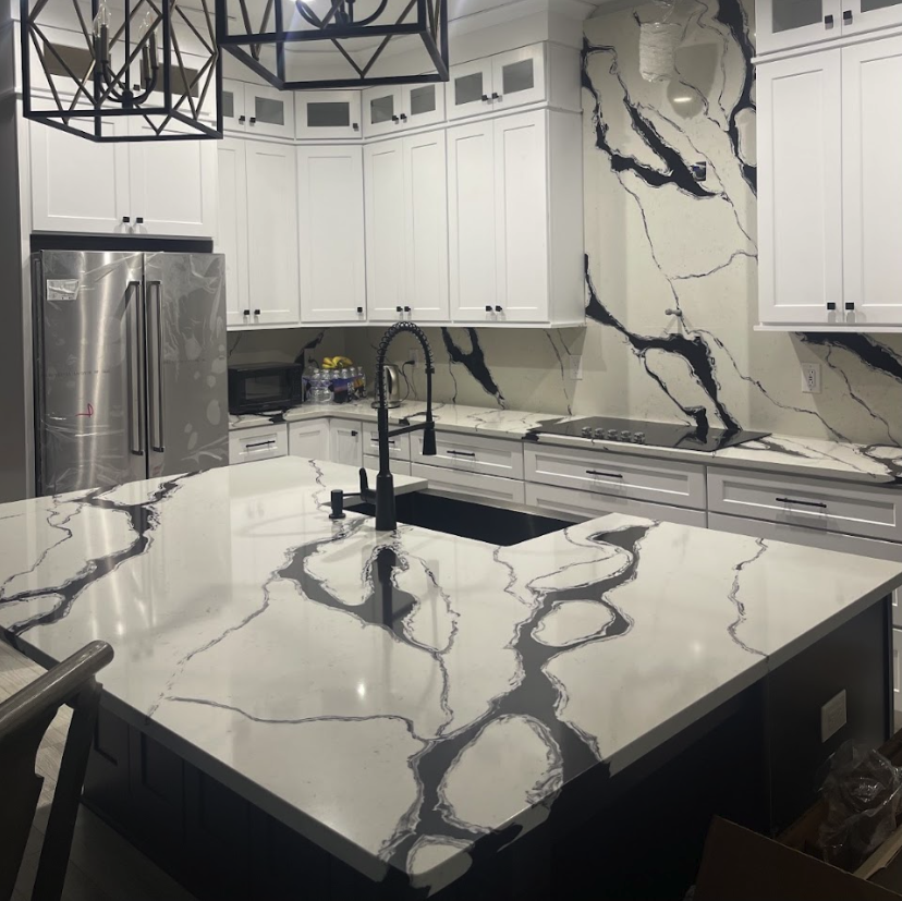 Cambria quartz island with bold black veining