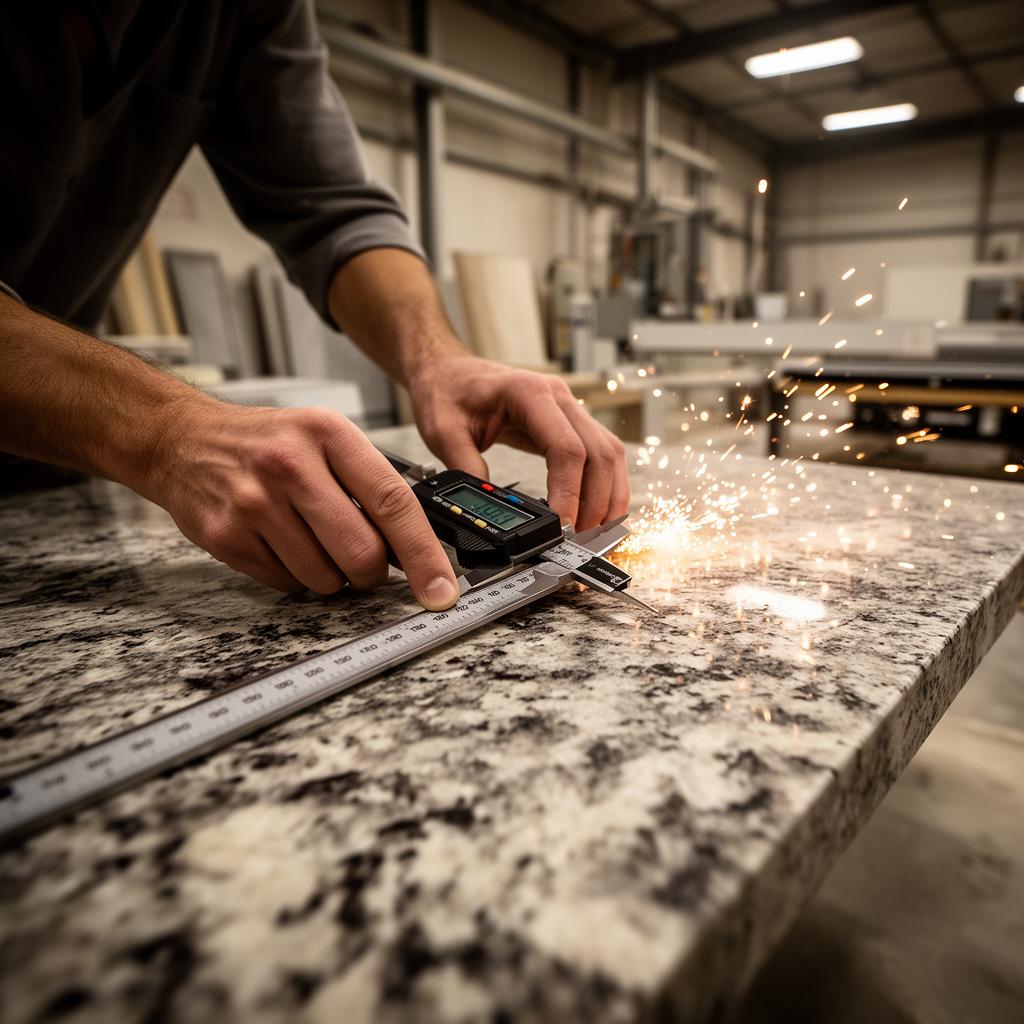 Granite Depot fabricator measuring a granite countertop with digital calipers in our New York fabrication shop