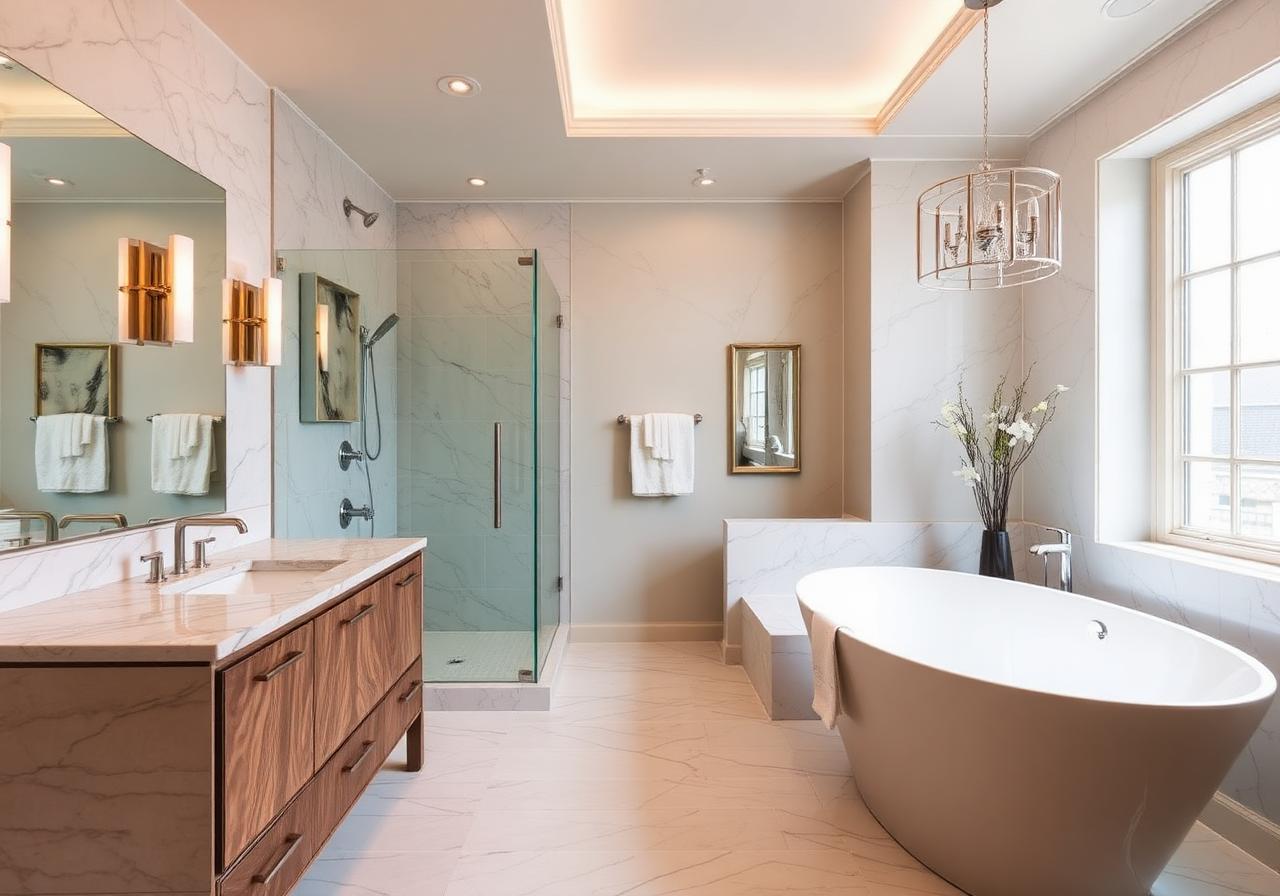 Spa-style bathroom remodel with stone vanity
