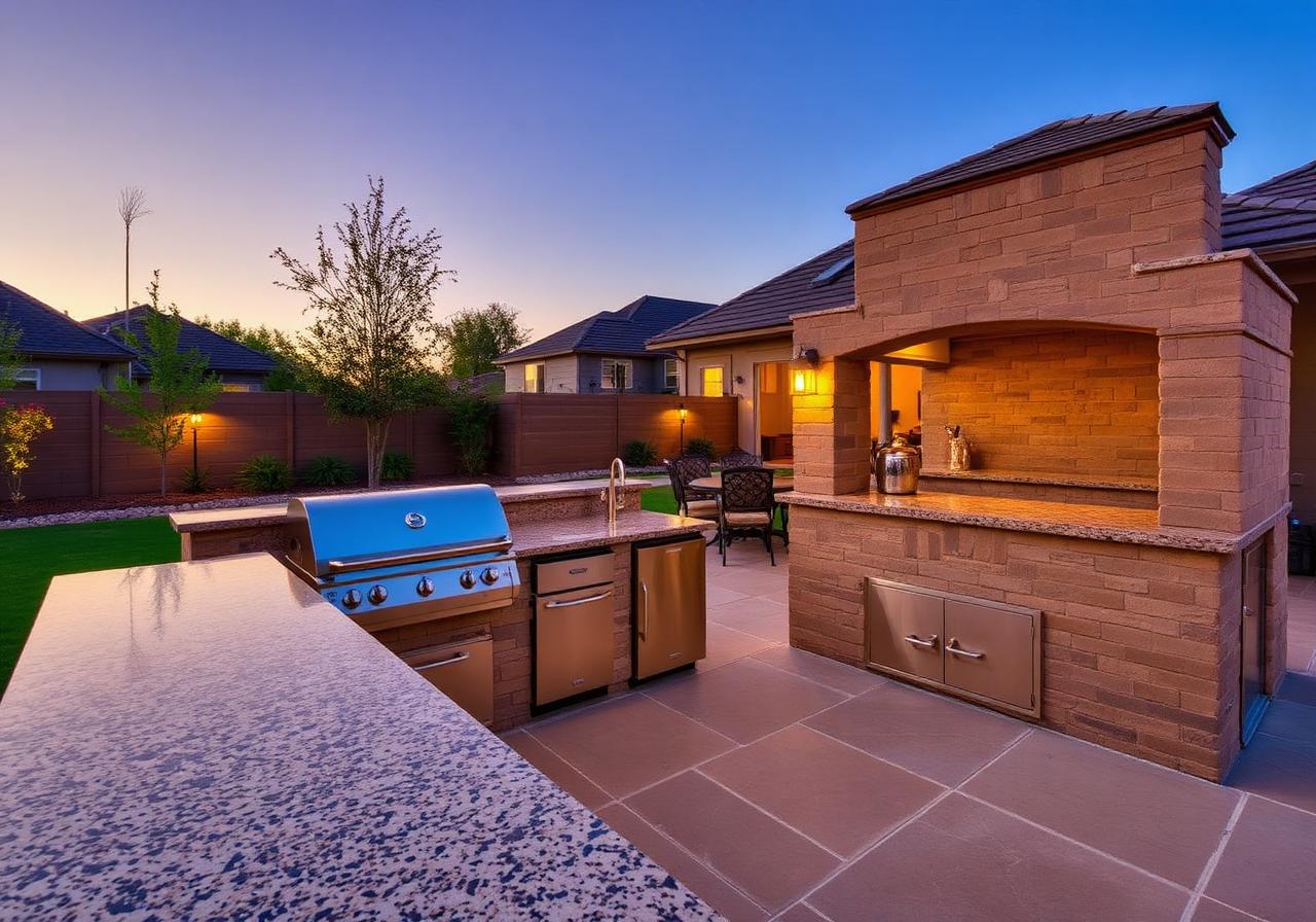 Outdoor kitchen with granite counter and grill