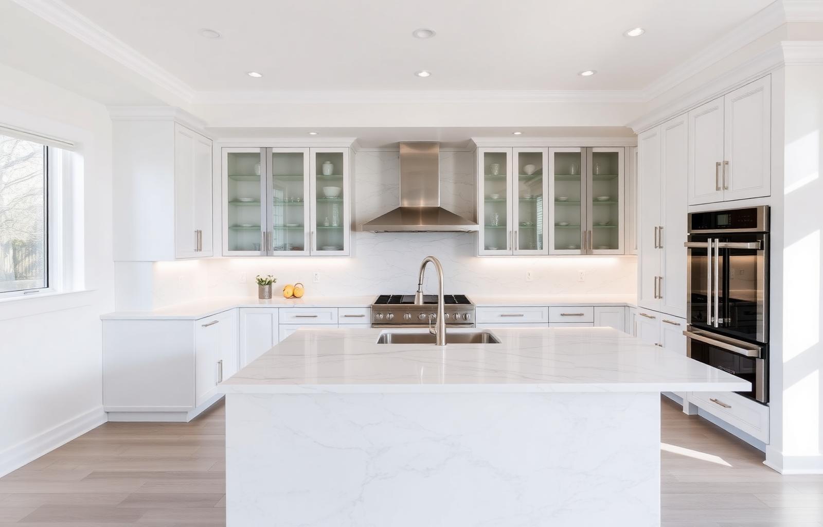 White kitchen with marble waterfall island